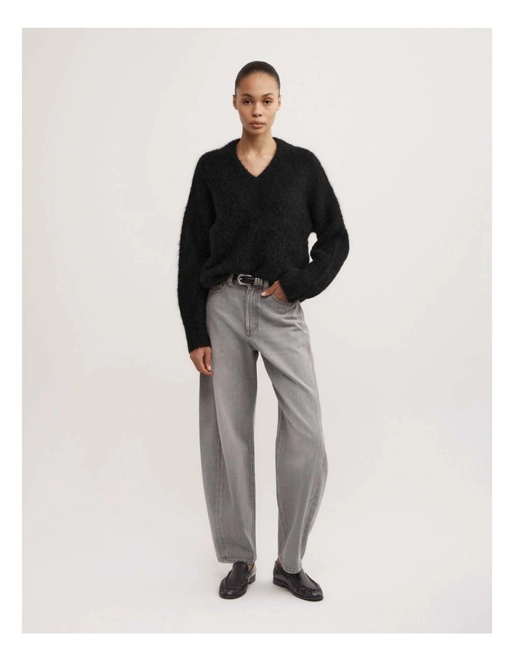 High V-neck Fluffy Knit in Black image 3