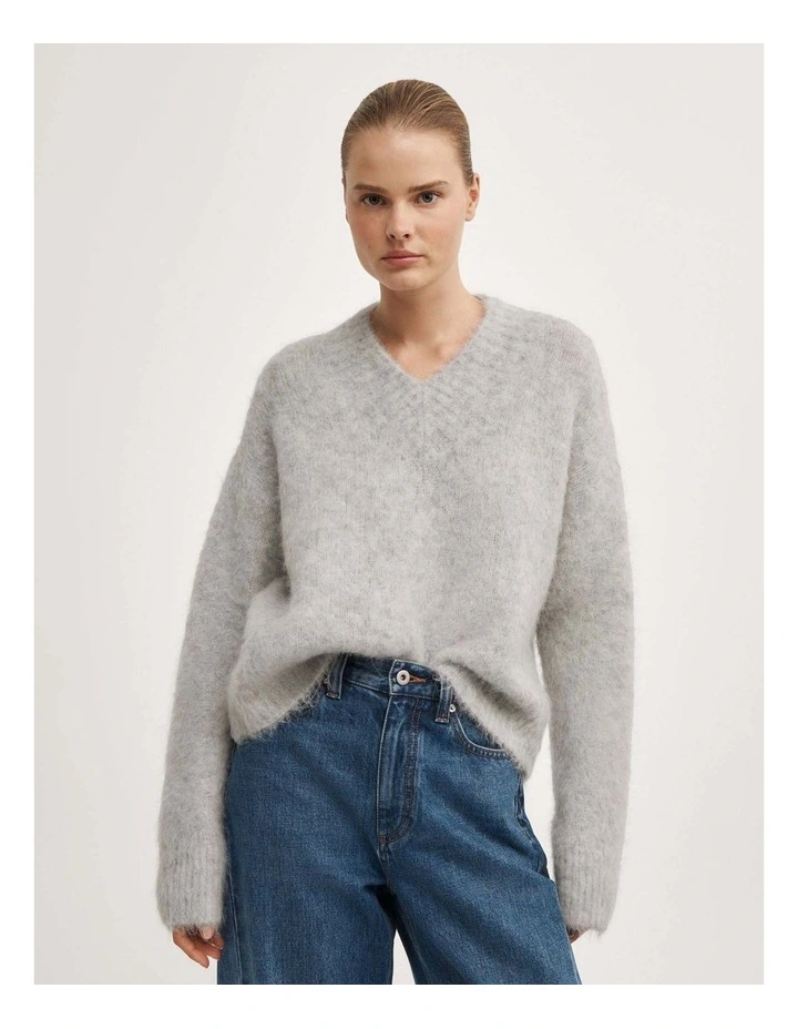 High V-neck Fluffy Knit in Light Grey Marle image 1