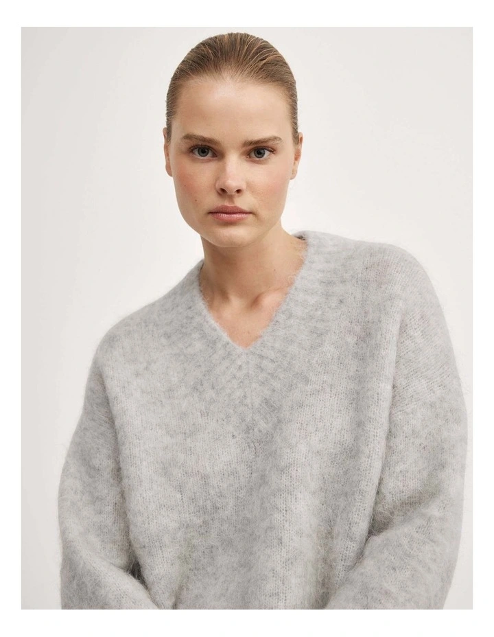 High V-neck Fluffy Knit in Light Grey Marle image 3