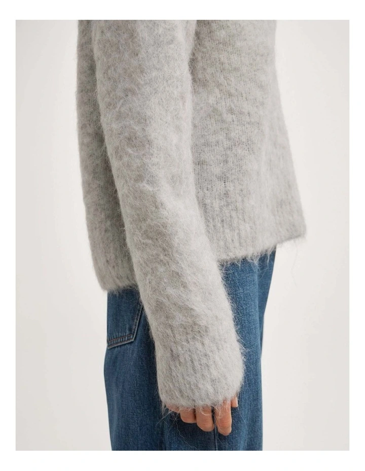 High V-neck Fluffy Knit in Light Grey Marle image 4