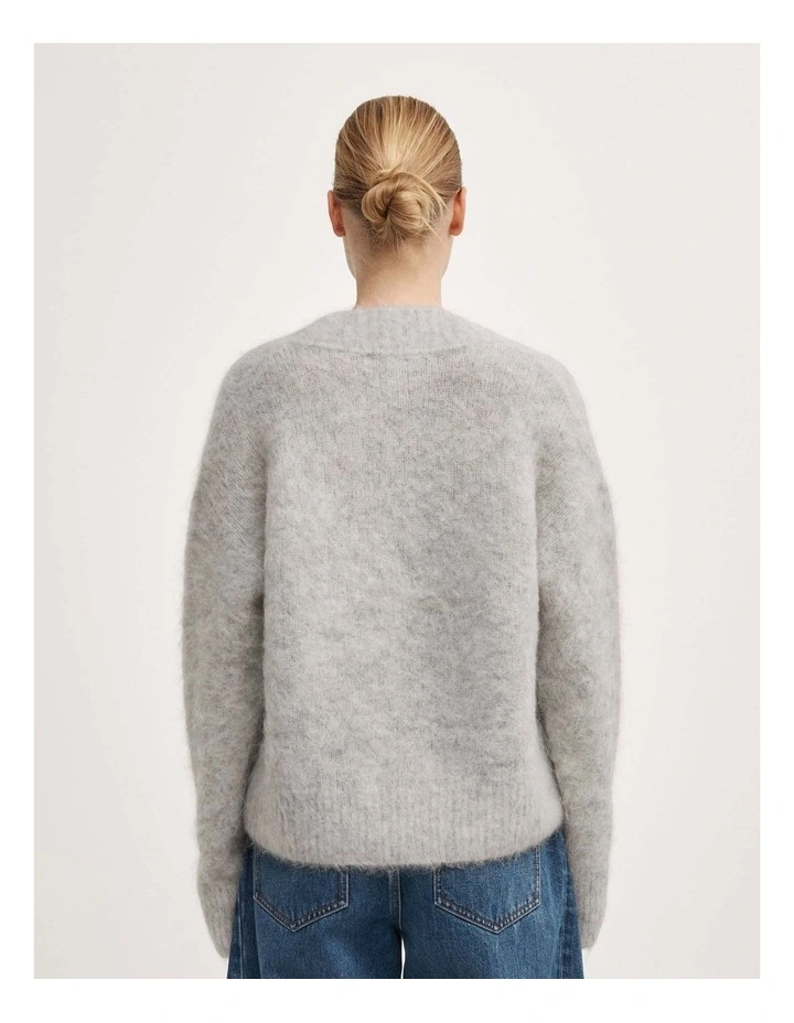 High V-neck Fluffy Knit in Light Grey Marle image 5