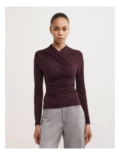Wrap Long Sleeve Jersey Top in Plum