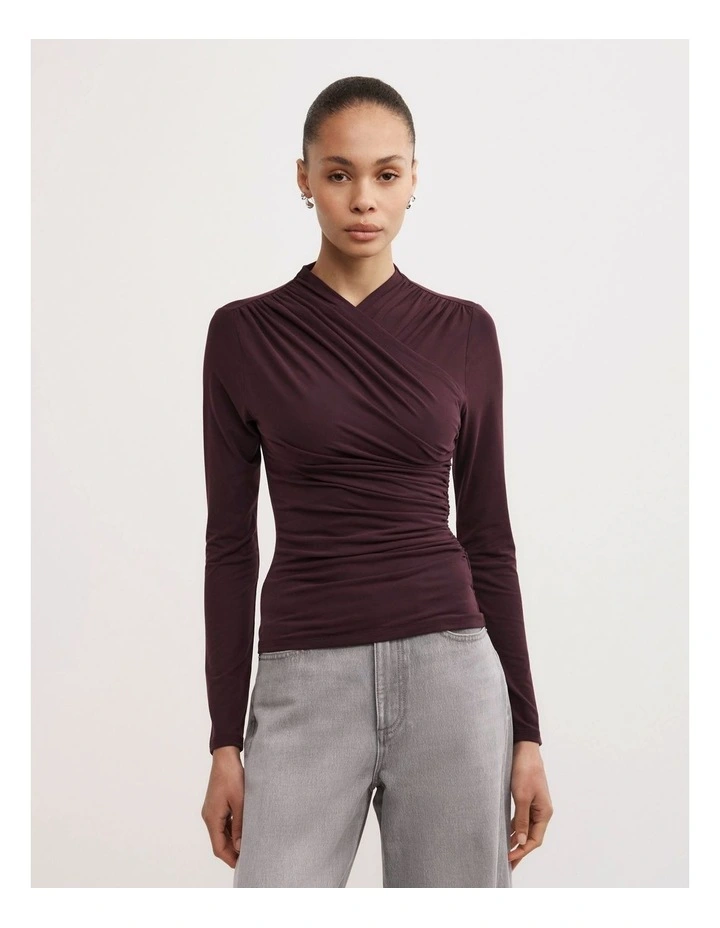 Wrap Long Sleeve Jersey Top in Plum image 1