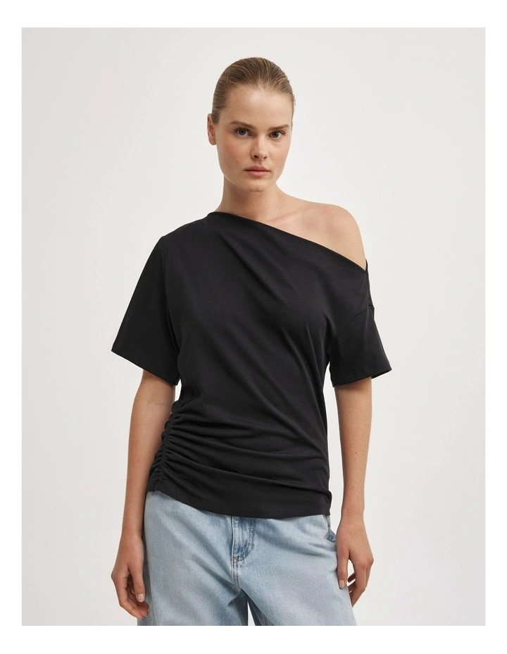 Ruched Asymmetric T-shirt in Black image 1