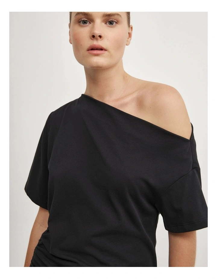 Ruched Asymmetric T-shirt in Black image 2