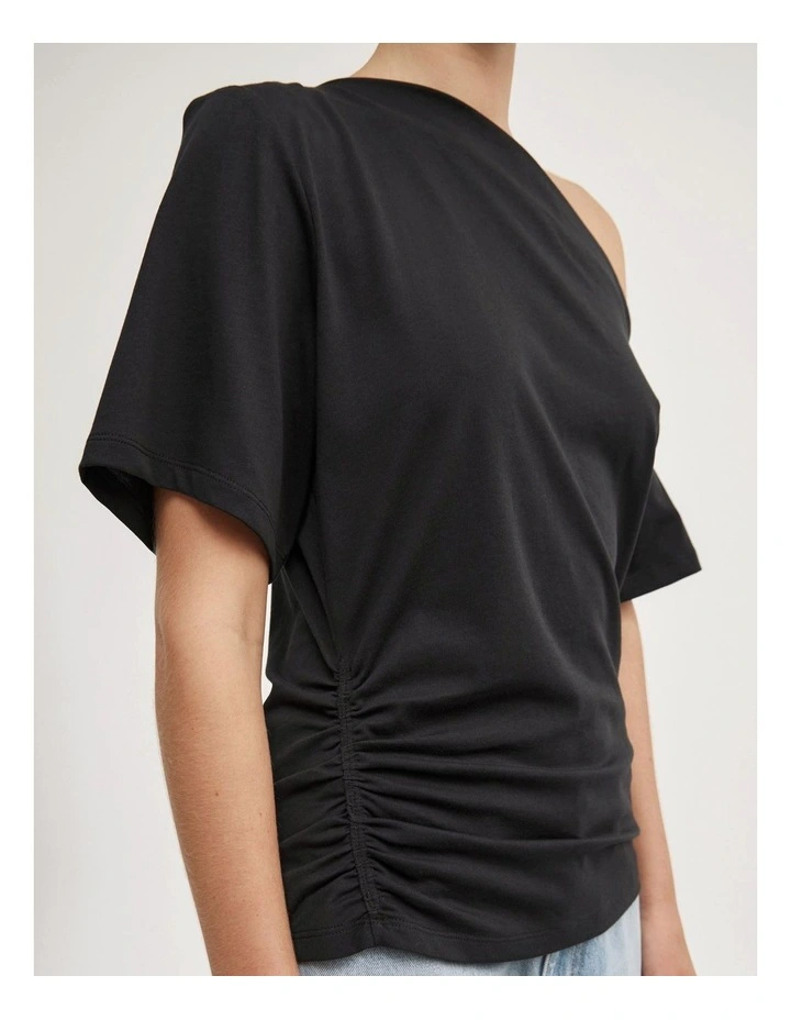 Ruched Asymmetric T-shirt in Black image 3