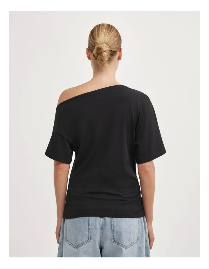 Ruched Asymmetric T-shirt in Black image 5