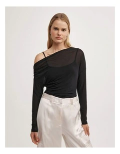 Layered Mesh Long-sleeve Top in Black