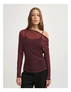 Layered Mesh Long-sleeve Top in Wine