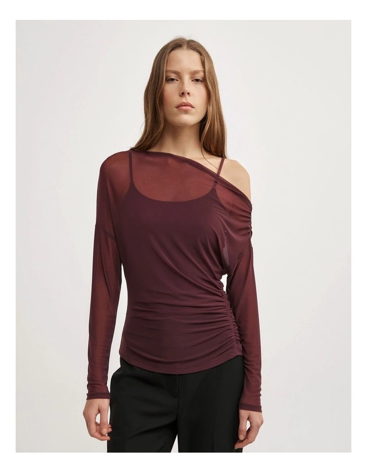 Layered Mesh Long-sleeve Top in Wine image 1