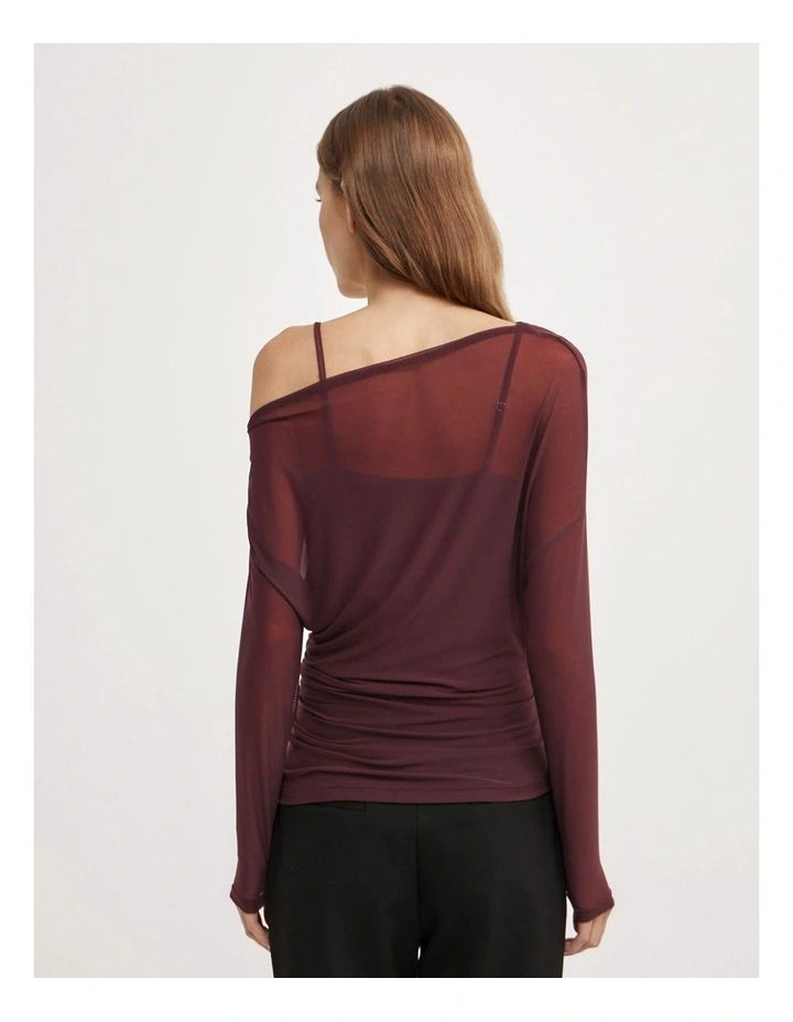 Layered Mesh Long-sleeve Top in Wine image 4
