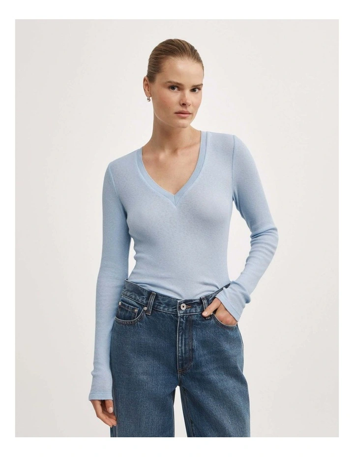 Fine V-neck Long-sleeve Top in Pale Blue image 1