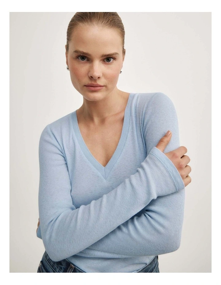 Fine V-neck Long-sleeve Top in Pale Blue image 3