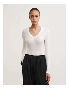 Fine V-neck Long-sleeve Top in Fresh White