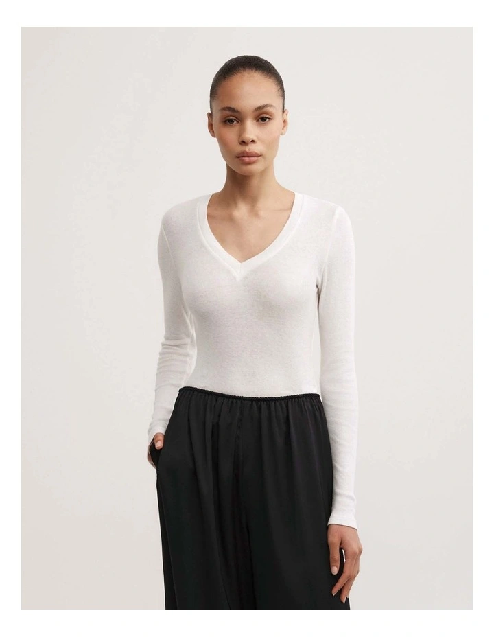 Fine V-neck Long-sleeve Top in Fresh White image 1