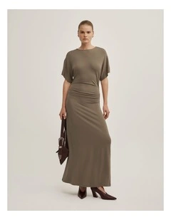 Tuck Waist Jersey Dress in Khaki