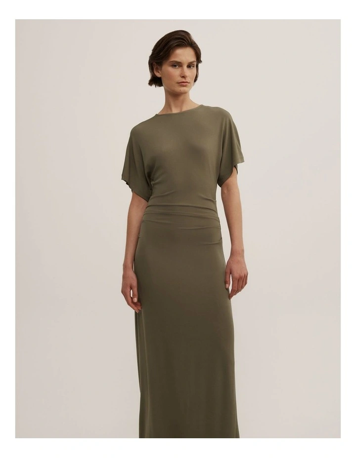 Tuck Waist Jersey Dress in Khaki image 2