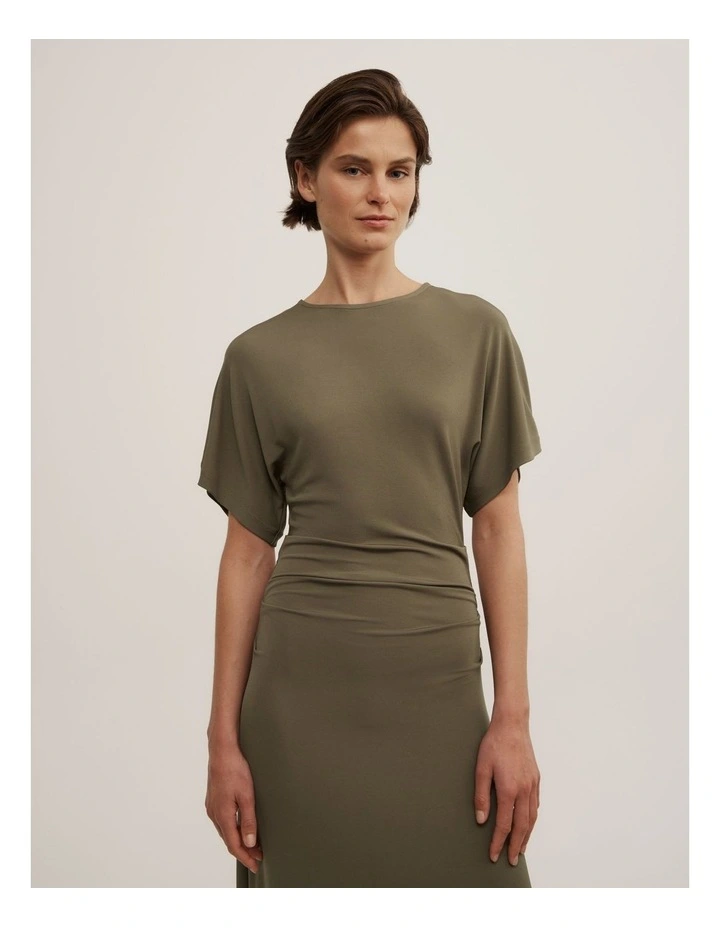 Tuck Waist Jersey Dress in Khaki image 3