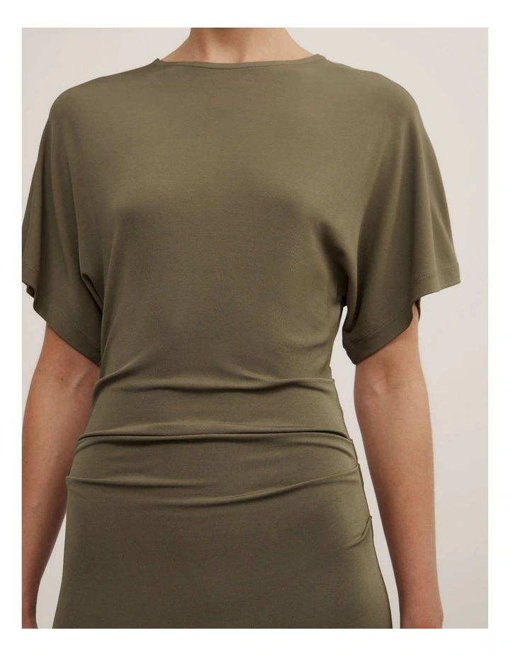 Tuck Waist Jersey Dress in Khaki image 4