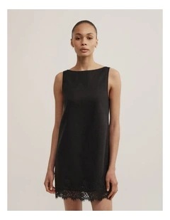 Linen Lace Mini Dress in Black