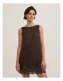 Linen Lace Mini Dress in Espresso