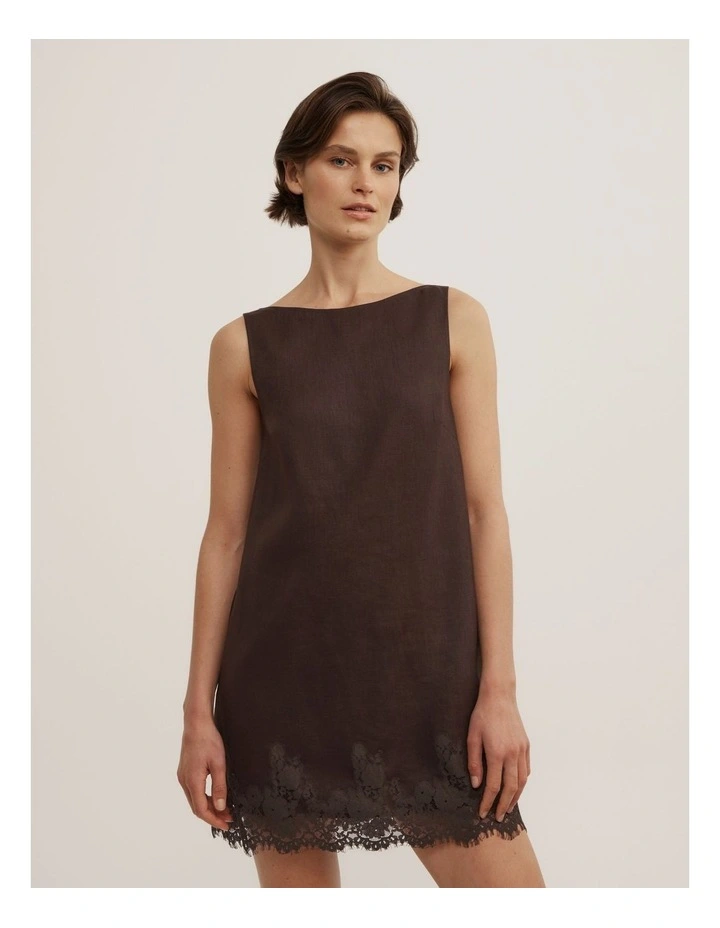 Linen Lace Mini Dress in Espresso image 1