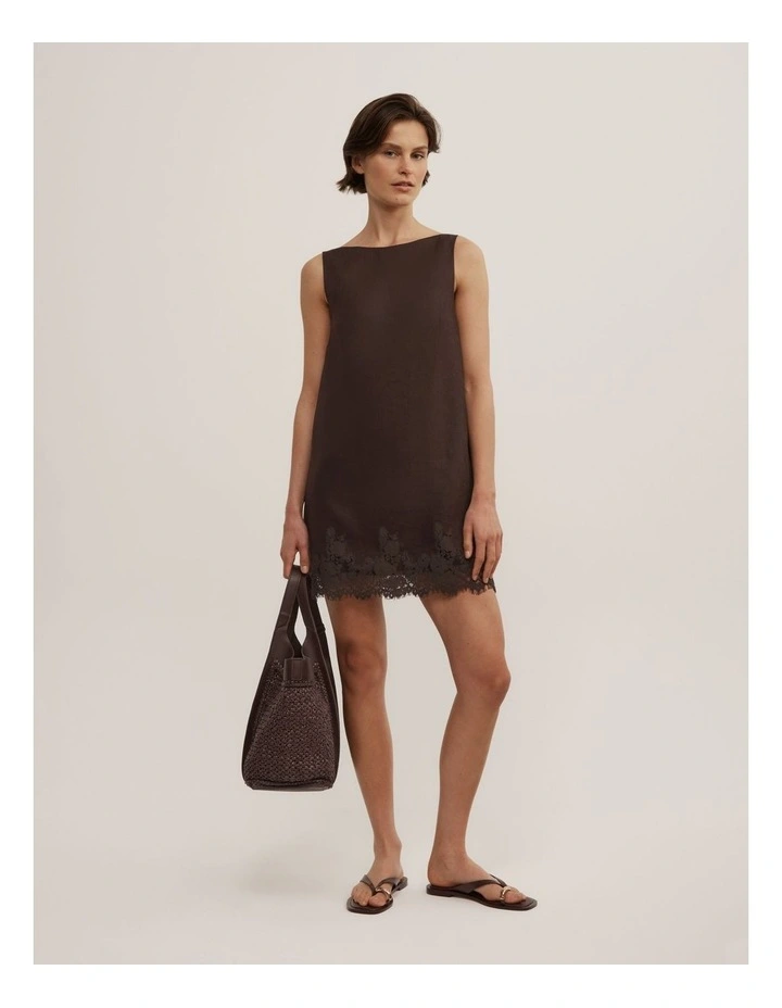 Linen Lace Mini Dress in Espresso image 2