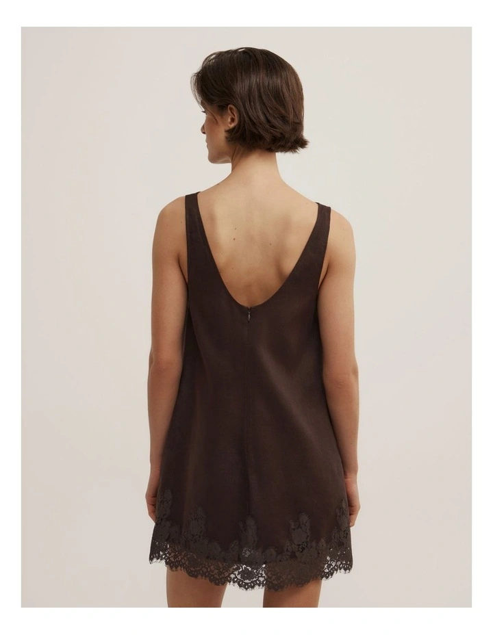 Linen Lace Mini Dress in Espresso image 4