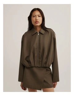 Gathered Hem Bomber Jacket in Khaki