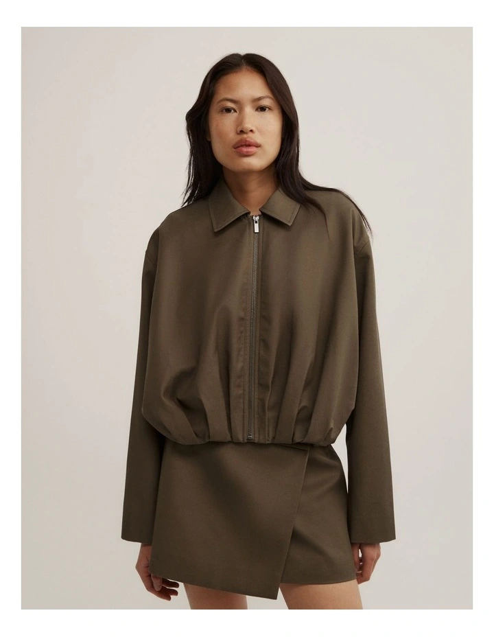Gathered Hem Bomber Jacket in Khaki image 1