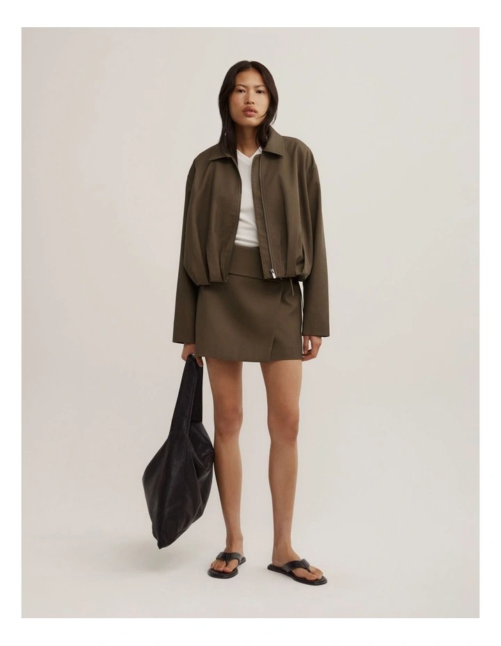 Gathered Hem Bomber Jacket in Khaki image 2