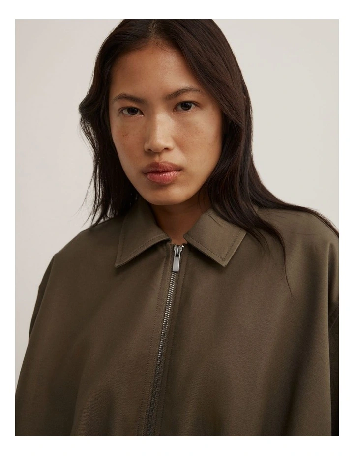 Gathered Hem Bomber Jacket in Khaki image 3