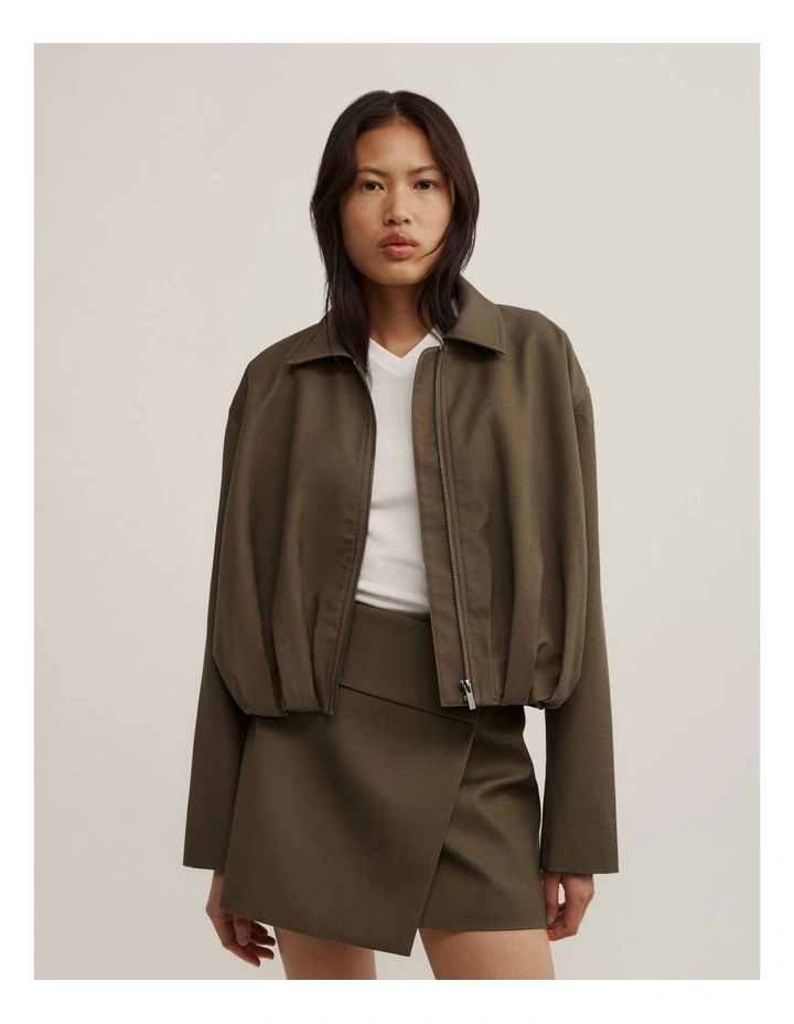 Gathered Hem Bomber Jacket in Khaki image 4