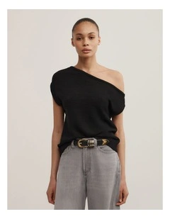Asymmetric Short Sleeve Slouch Knit in Black