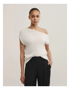 Asymmetric Short Sleeve Slouch Knit in Chalk