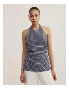 Halter Detail Top in Navy Geo Tile