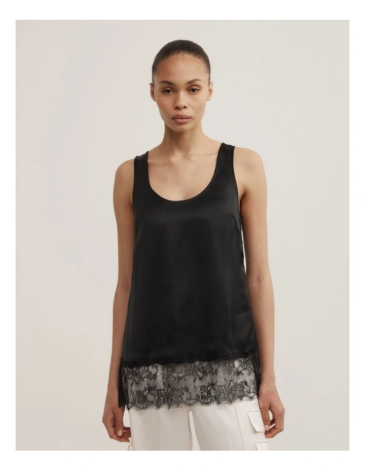 Lace Hem Tank Top in Black image 1