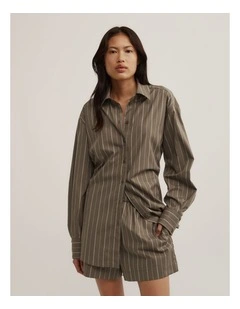 Tie Back Summer Shirt in Khaki Stripe
