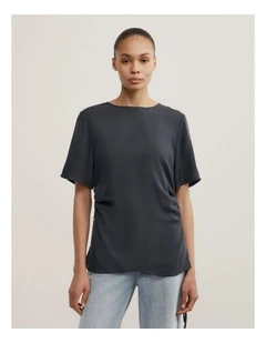 Ruched Woven T-shirt in Washed Black