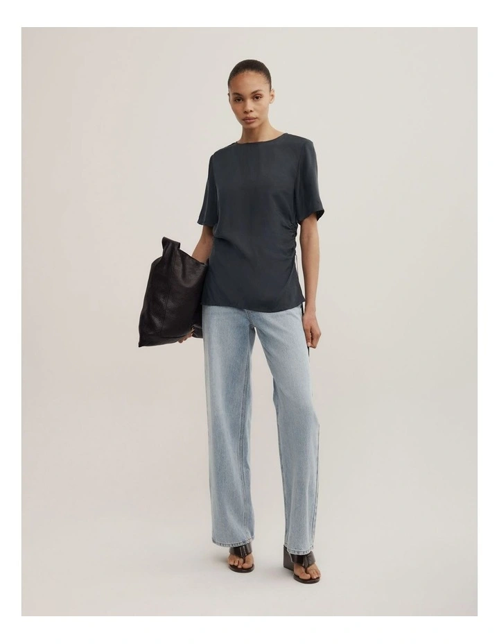 Ruched Woven T-shirt in Washed Black image 2