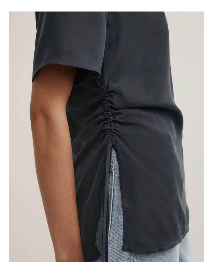 Ruched Woven T-shirt in Washed Black image 3
