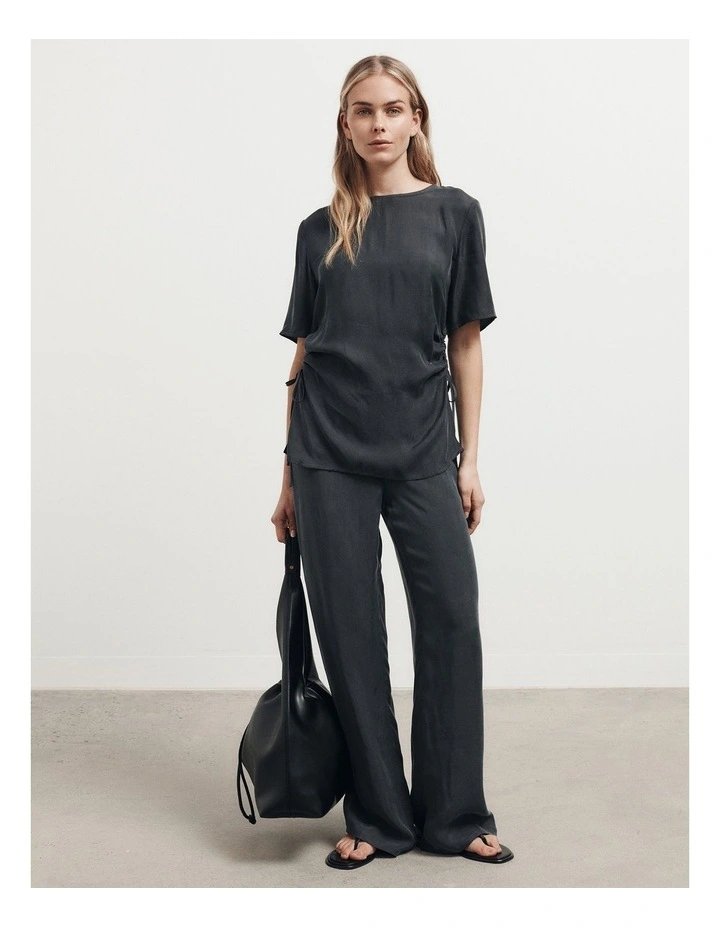 Ruched Woven T-shirt in Washed Black image 6