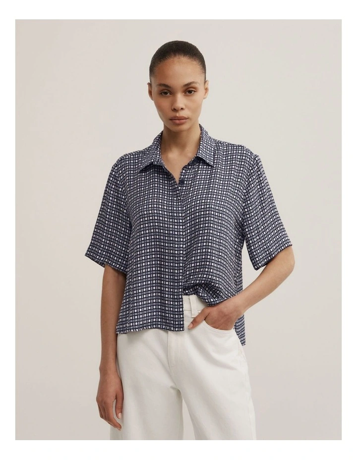 Scarf Print Shirt in Navy Geo Tile image 1