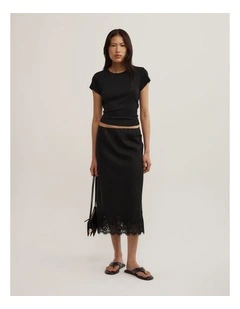 Linen Lace Midi Skirt in Black
