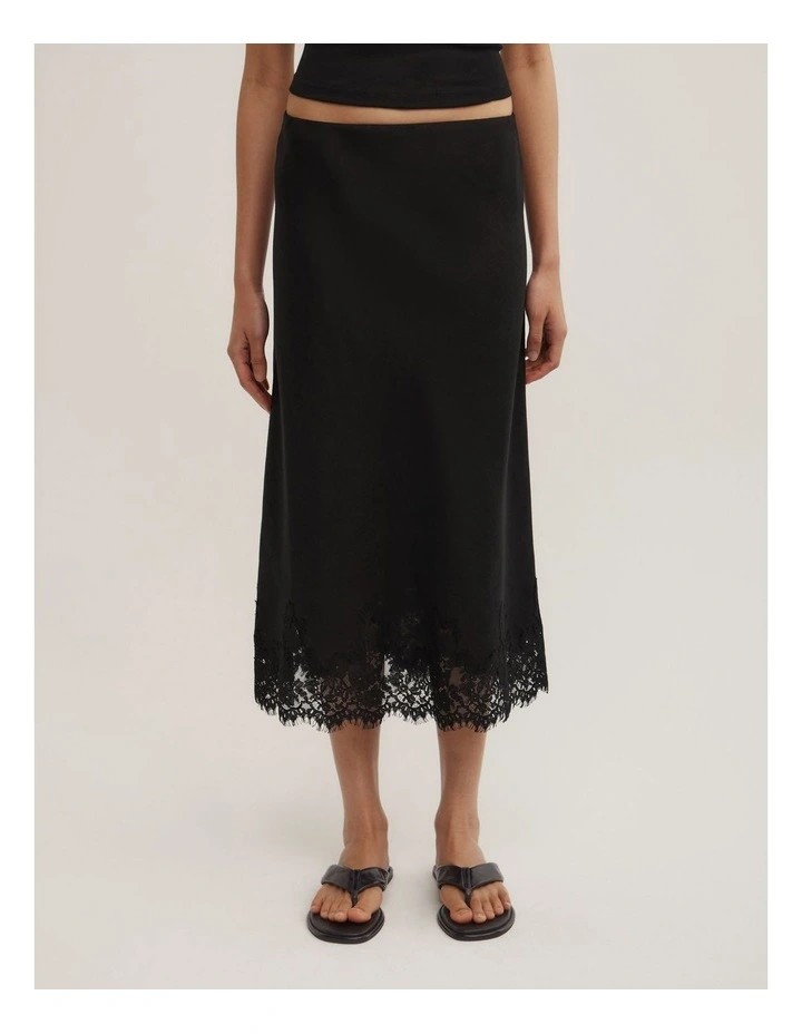 Linen Lace Midi Skirt in Black image 2