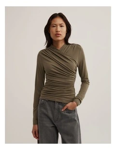 Wrap Long Sleeve Jersey Top in Khaki
