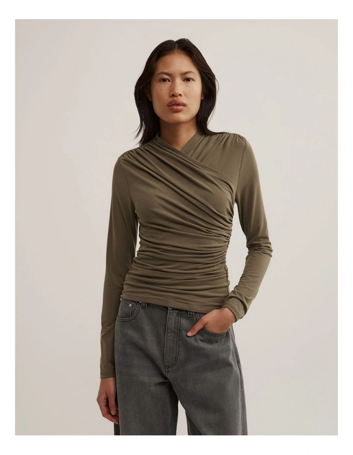 Wrap Long Sleeve Jersey Top in Khaki image 1