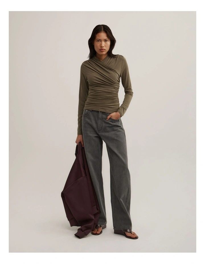 Wrap Long Sleeve Jersey Top in Khaki image 2