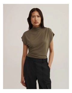 Draped High Neck Top in Khaki