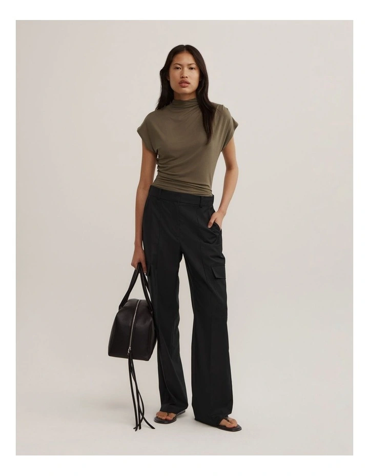 Draped High Neck Top in Khaki image 2